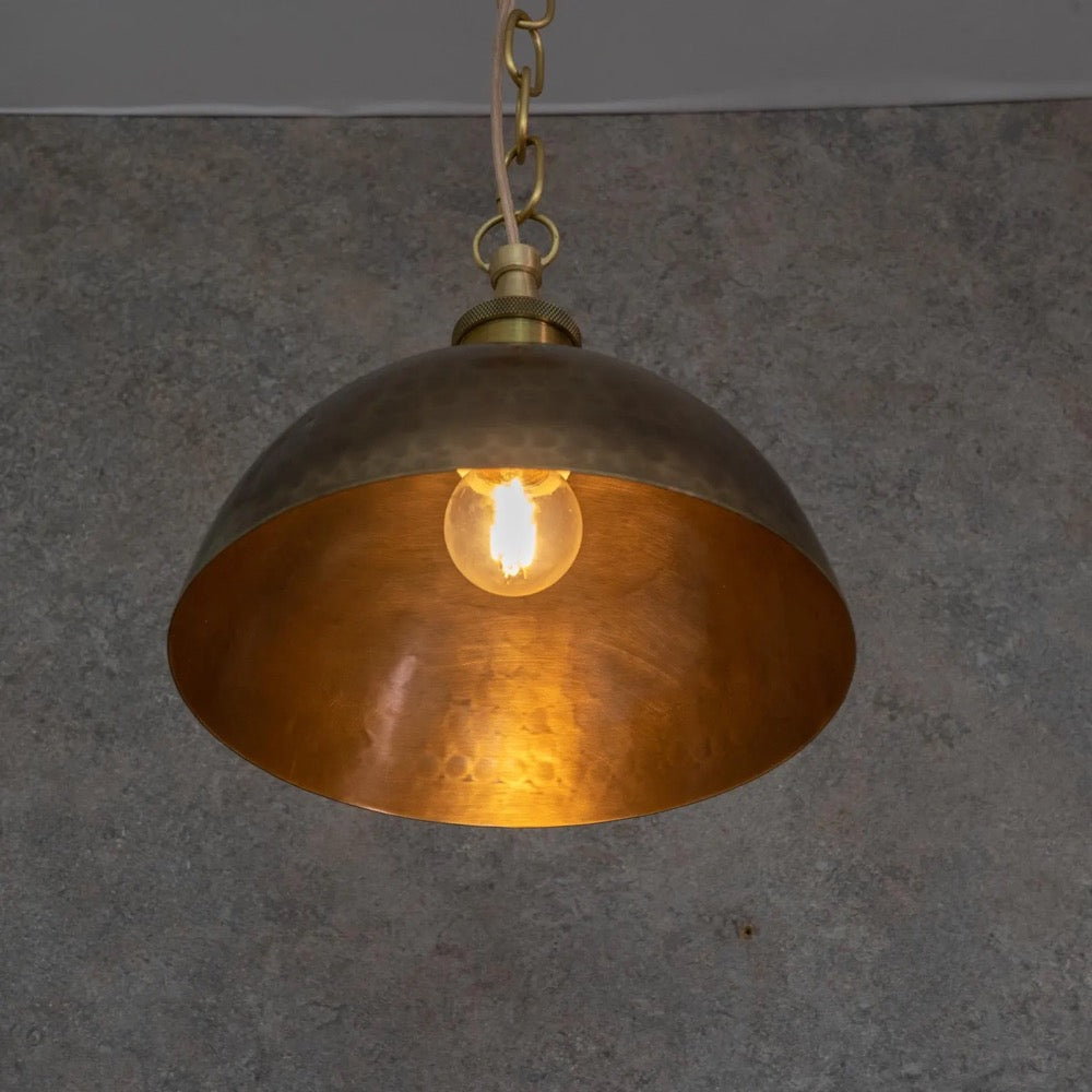 Brass Dome Pendant Light, Hand-Hammered Antique Bronze Patina Ceiling Lamp