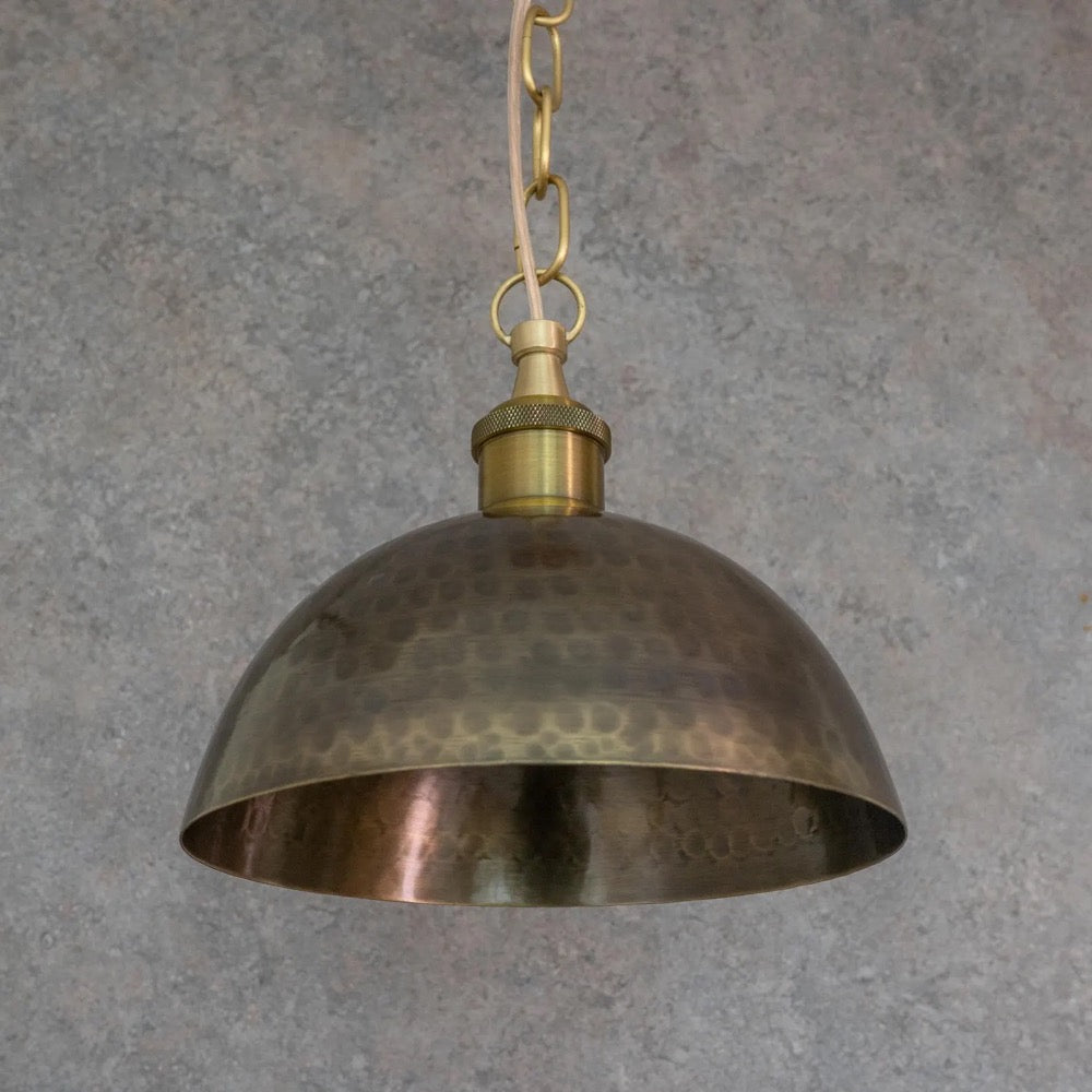 Brass Dome Pendant Light, Hand-Hammered Antique Bronze Patina Ceiling Lamp