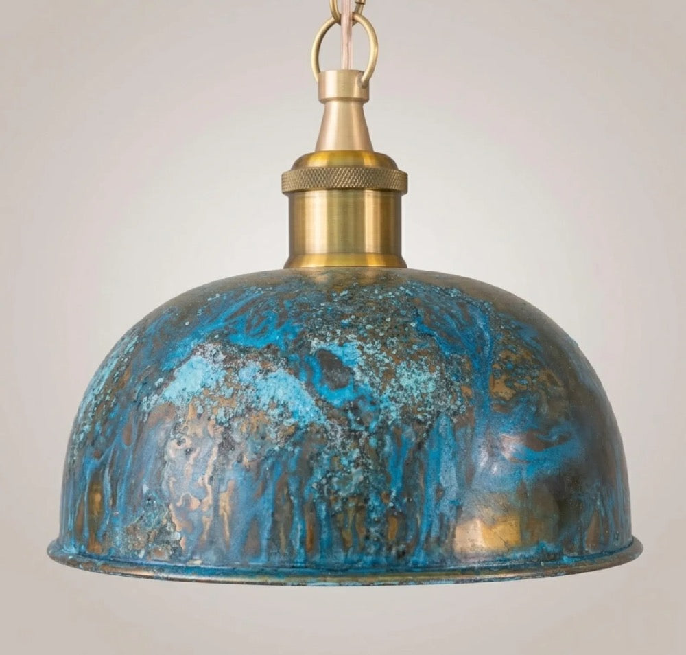 Blue Patina Dome Pendant Light, Industrial Brass Hanging Lamp, Vintage Kitchen Island Ceiling Fixture