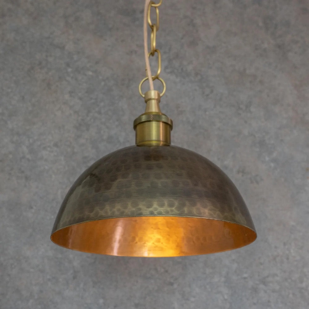 Brass Dome Pendant Light, Hand-Hammered Antique Bronze Patina Ceiling Lamp