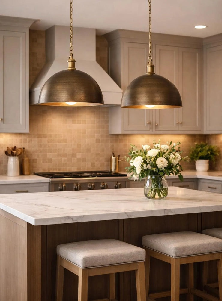 Brass Dome Pendant Light, Soft Hammered Antique Bronze Kitchen Island Lighting