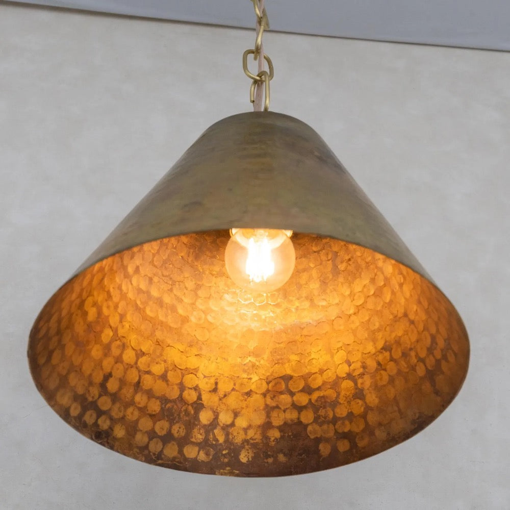 Pendant Light Aged Brass Cone, Industrial Style, Kitchen Island Lighting, Hammered Finish