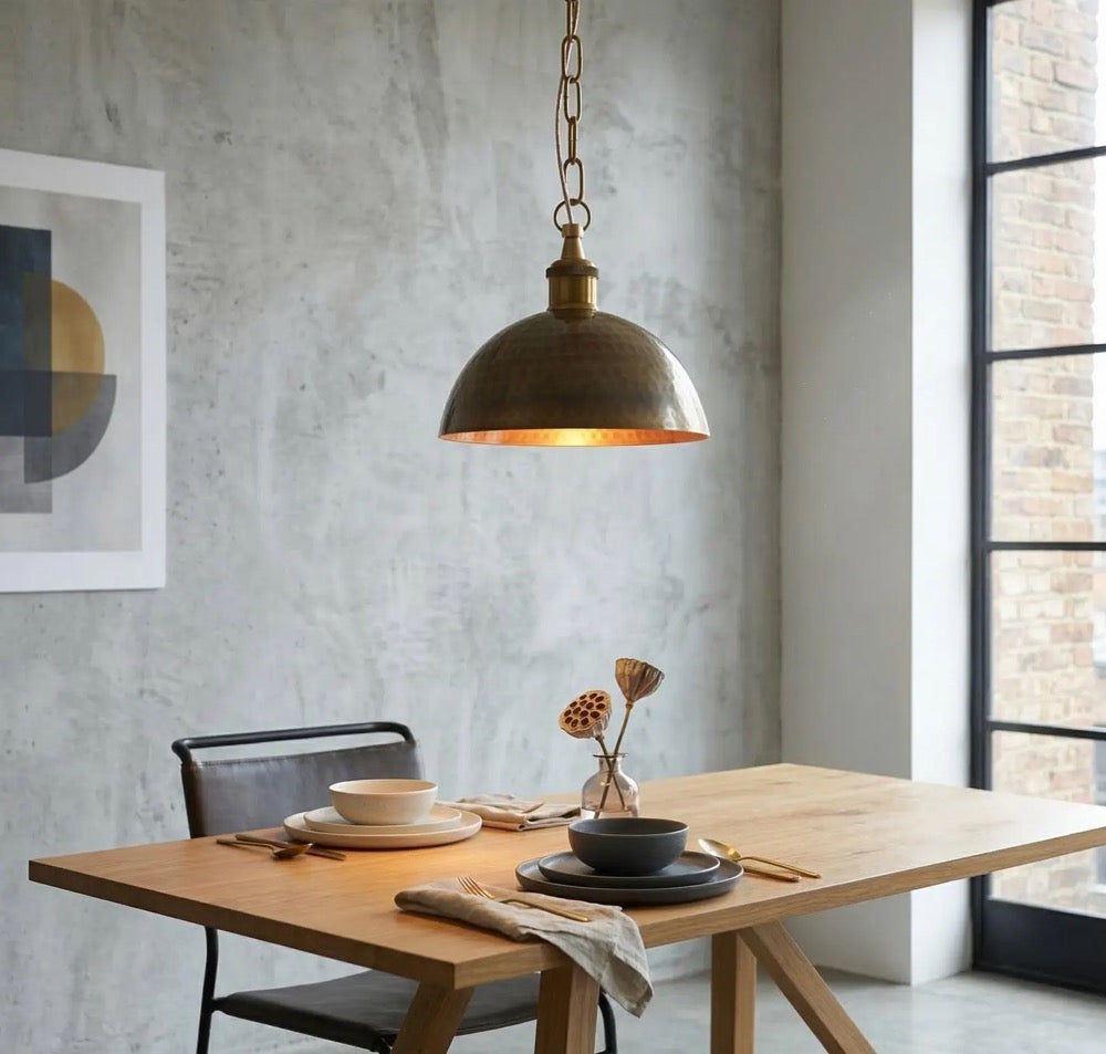Brass Dome Pendant Light, Hand-Hammered Antique Bronze Patina Ceiling Lamp