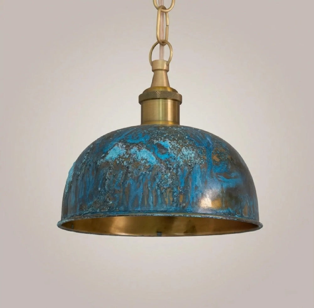 Blue Patina Dome Pendant Light, Industrial Brass Hanging Lamp, Vintage Kitchen Island Ceiling Fixture