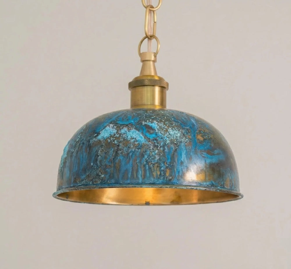 Blue Patina Dome Pendant Light, Industrial Brass Hanging Lamp, Vintage Kitchen Island Ceiling Fixture