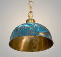 Blue Patina Dome Pendant Light, Industrial Brass Hanging Lamp, Vintage Kitchen Island Ceiling Fixture