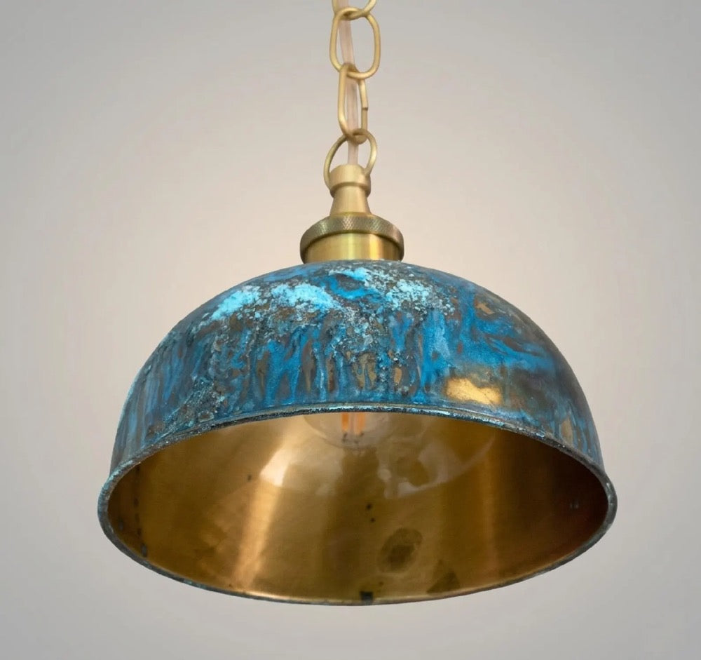 Blue Patina Dome Pendant Light, Industrial Brass Hanging Lamp, Vintage Kitchen Island Ceiling Fixture