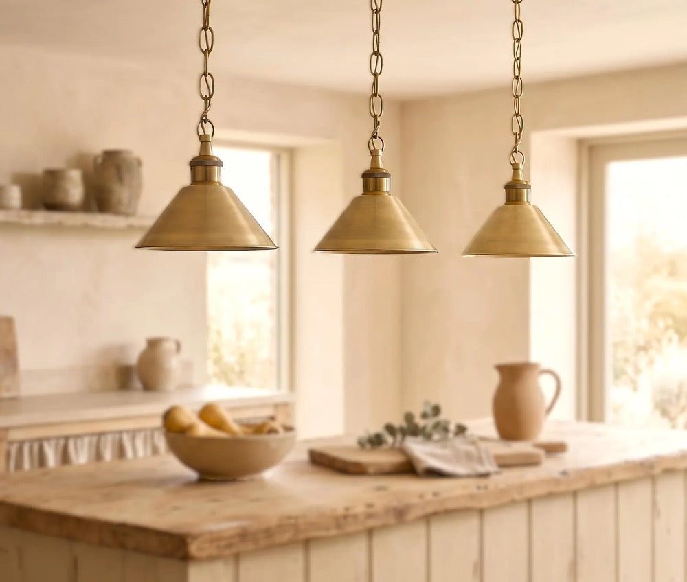 Brushed Brass Cone Pendant Light, Minimalist Hanging Lamp, Vintage Ceiling Light for Kitchen Island