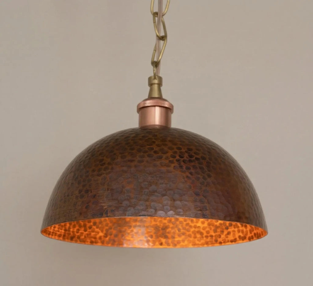 Copper Pendant Light, Antique Copper Dome, Hammered Moroccan Industrial Ceiling Lamp