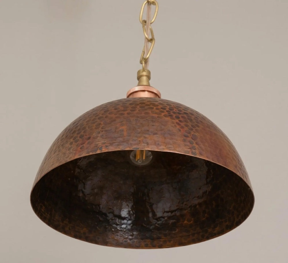 Copper Pendant Light, Antique Copper Dome, Hammered Moroccan Industrial Ceiling Lamp