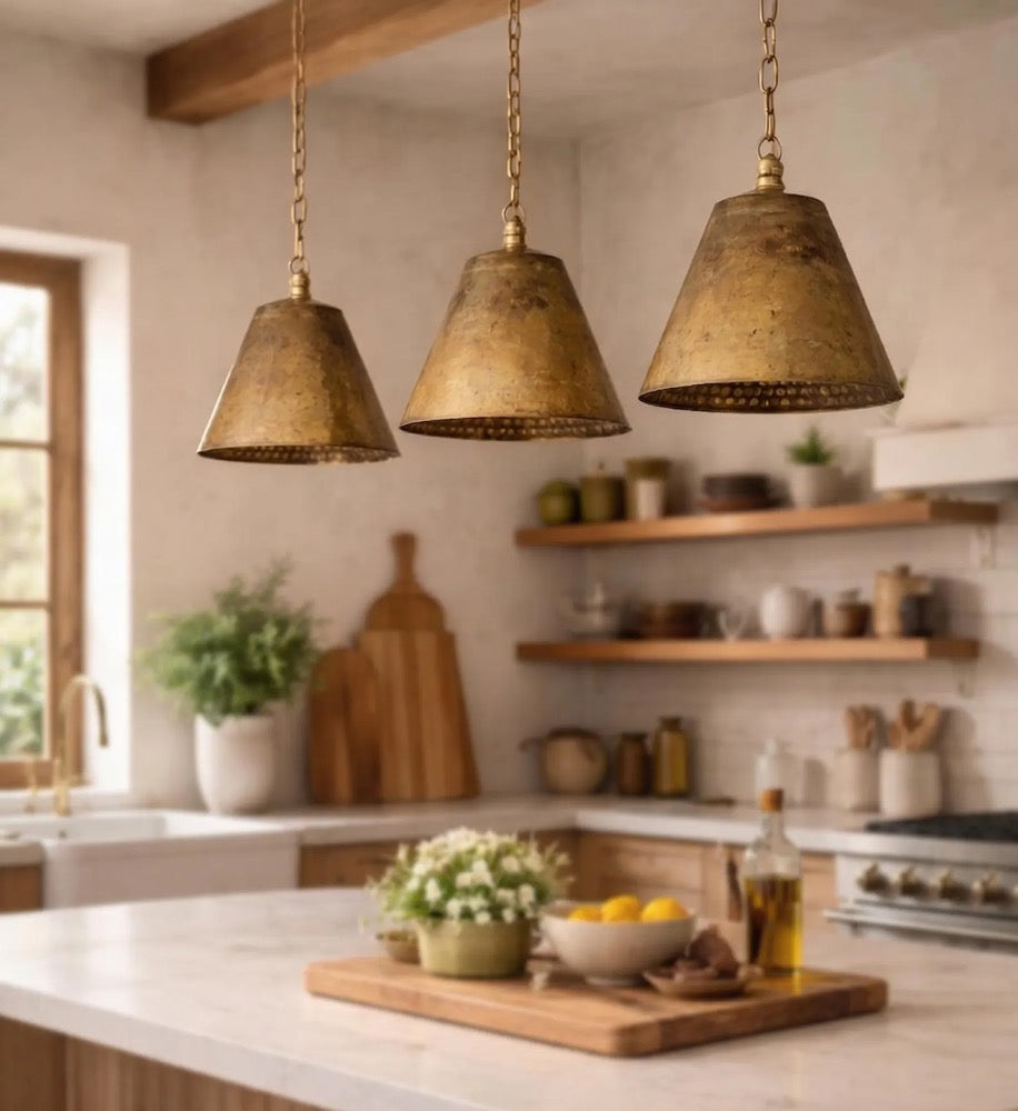Pendant Light Aged Brass Cone, Industrial Style, Kitchen Island Lighting, Hammered Finish