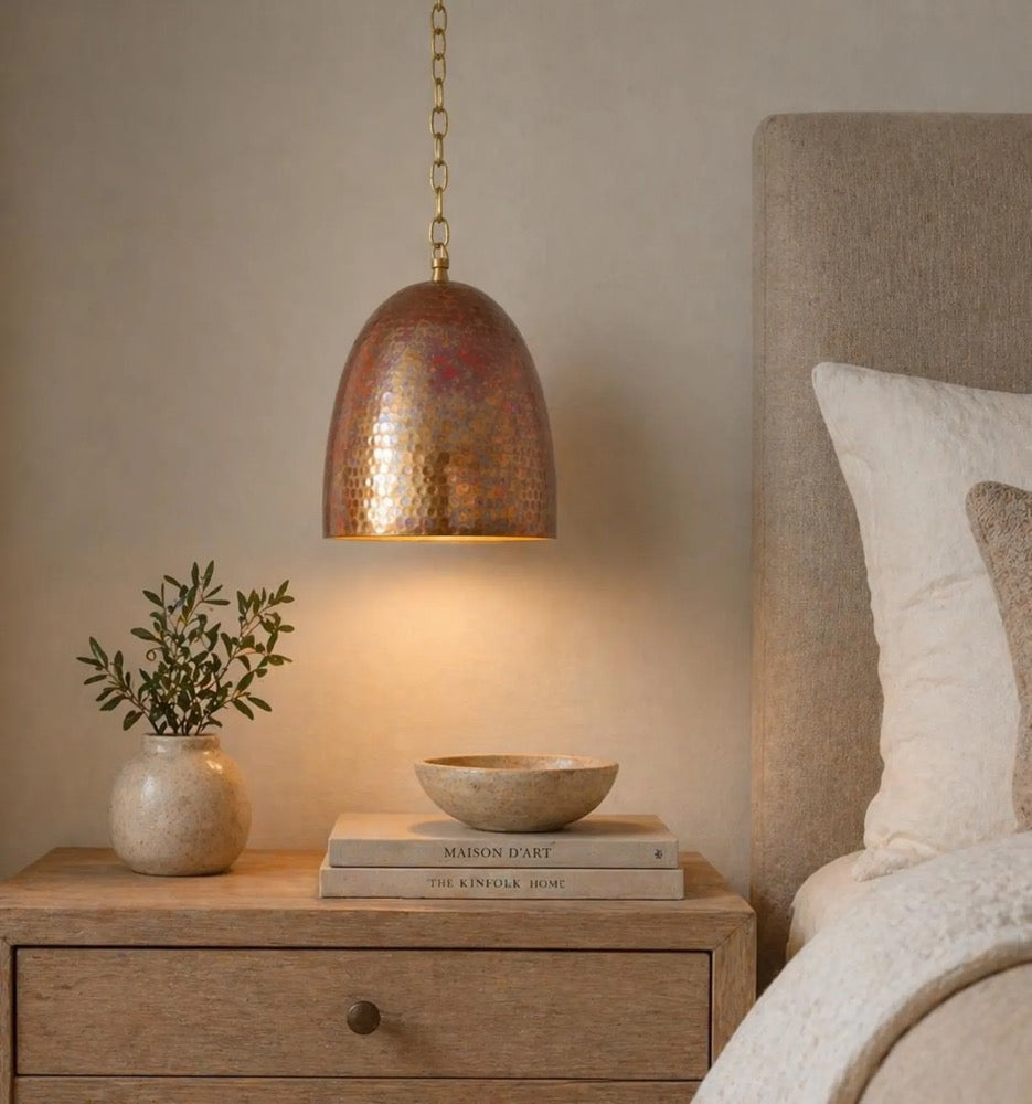 Hand Hammered Copper Dome Pendant Light, Rustic Hanging Lamp for Kitchen Island, Bedside Lighting