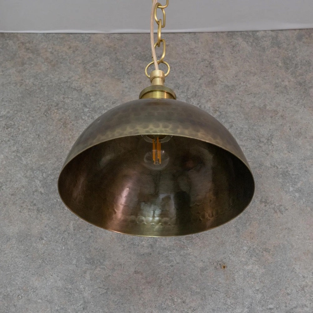 Brass Dome Pendant Light, Hand-Hammered Antique Bronze Patina Ceiling Lamp