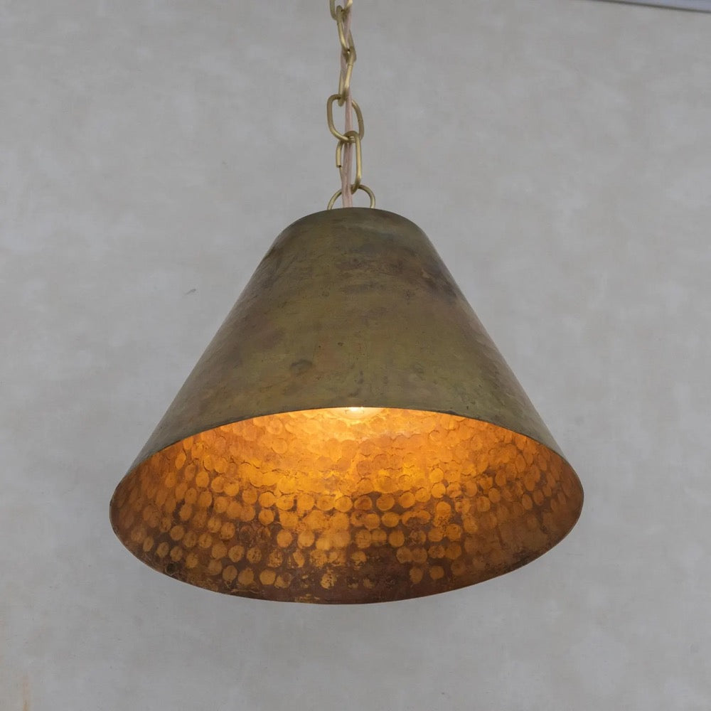 Pendant Light Aged Brass Cone, Industrial Style, Kitchen Island Lighting, Hammered Finish