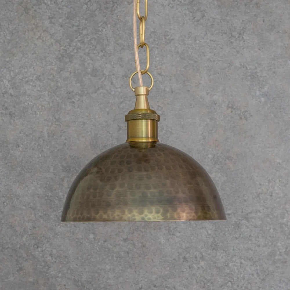 Brass Dome Pendant Light, Hand-Hammered Antique Bronze Patina Ceiling Lamp