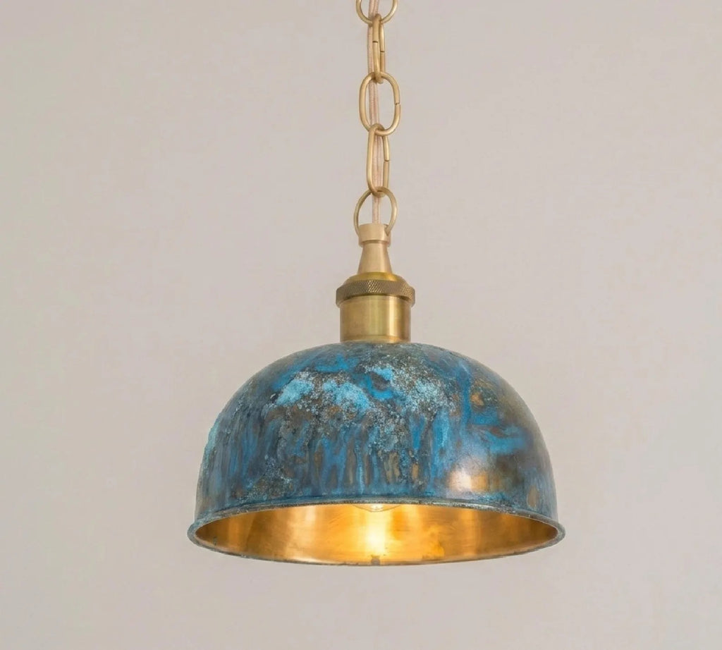 Blue Patina Dome Pendant Light, Industrial Brass Hanging Lamp, Vintage Kitchen Island Ceiling Fixture